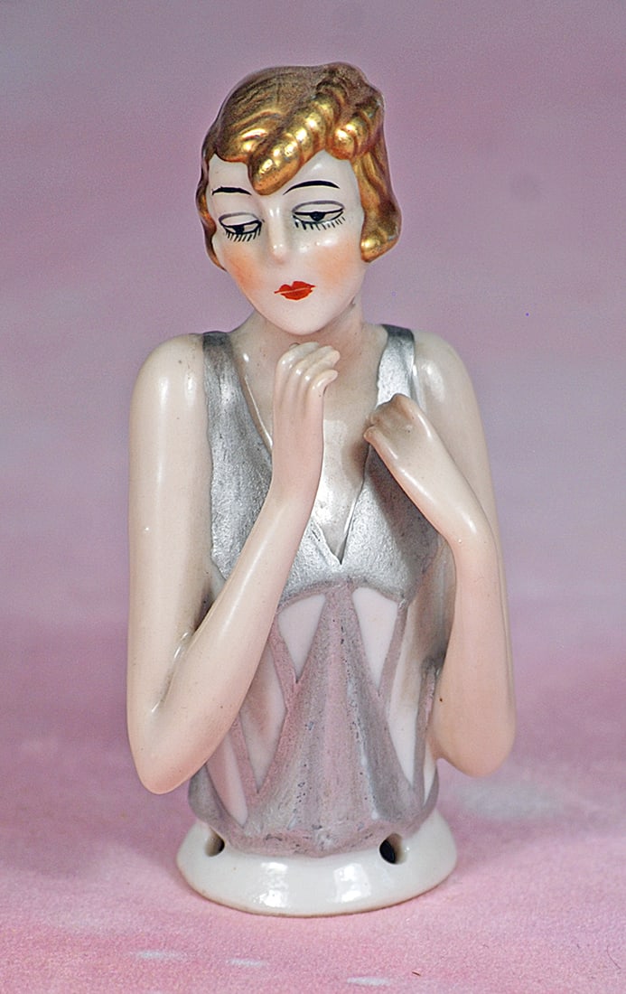 GERMAN PORCELAIN HALF DOLL WITH RARE GOLD HAIR (1 of 1)