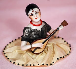 GERMAN PORCELAIN HALF DOLL ?PIERRETTE WITH MANDOLIN?