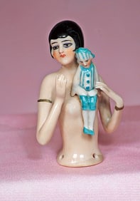 GERMAN PORCELAIN HALF DOLL FLAPPER WITH MINIATURE POLICHINELLE