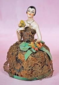 GERMAN PORCELAIN FLAPPER HALF DOLL AS PINCUSHION