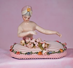GERMAN PORCELAIN HALF DOLL WITH PINK TURBAN