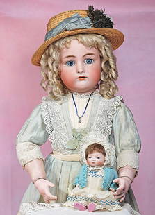 GERMAN BISQUE CHILD DOLL BY KAMMER AND REINHARDT: GERMAN BISQUE CHILD DOLL BY KAMMER AND REINHARDT. 28”. Marks: Halbig K * R. Bisque socket head, blue sleep eyes, painted lashes, eyeliner, feathered brows, pierced ears, open mouth, accented