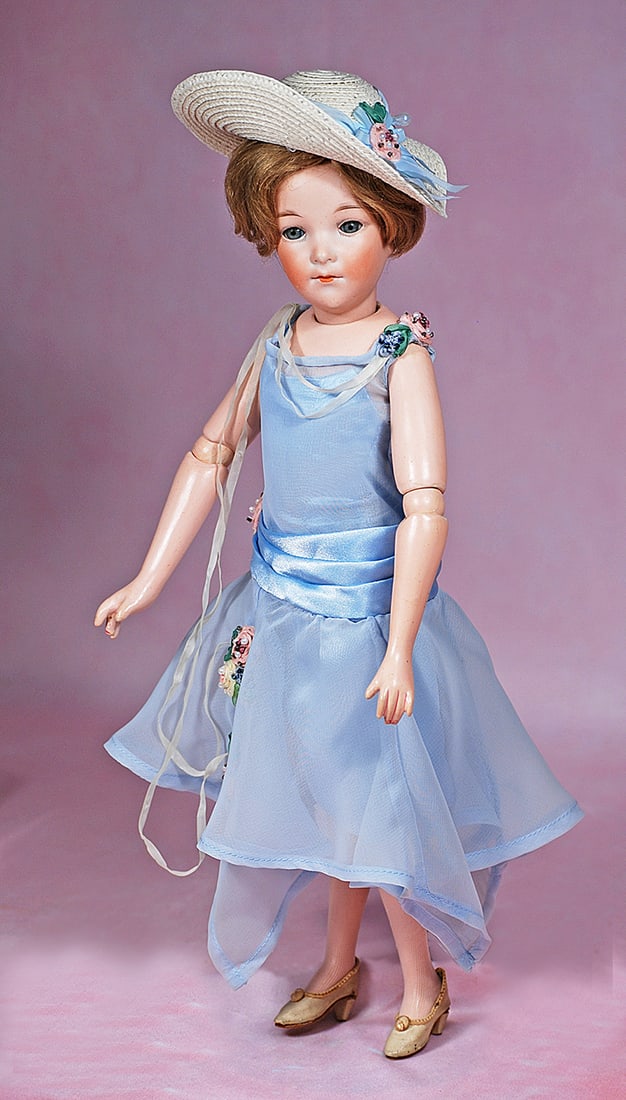 GERMAN BISQUE FLAPPER DOLL, 401, BY MARSEILLE WITH RARE ORIGINAL FLAPPER BODY (1 of 2)