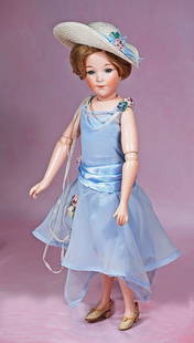 GERMAN BISQUE FLAPPER DOLL, 401, BY MARSEILLE WITH RARE ORIGINAL FLAPPER BODY: GERMAN BISQUE FLAPPER DOLL, 401, BY MARSEILLE WITH RARE ORIGINAL FLAPPER BODY. 14 &#189;&#8221;. Marks: Armand Marseille Germany 401 A 5/0 M. Bisque socket head, blue glass sleep eyes, painted lashes,