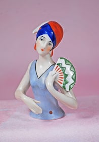 GERMAN PORCELAIN HALF DOLL WITH FAN