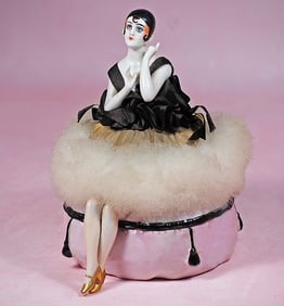 GERMAN PORCELAIN HALF DOLL ?PIERETTE? AS POWDER PUFF ON POWDER BOX