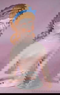 OUTSTANDING GERMAN PORCELAIN HALF DOLL WITH WIG BY GALLUBA AND HOFFMAN: OUTSTANDING GERMAN PORCELAIN HALF DOLL WITH WIG BY GALLUBA AND HOFFMAN. 7”. Marks: Galluba and Hoffman trademark 9544. Waist-up, pink-toned porcelain figure of nude adult lady with arms posed