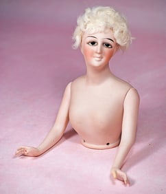 LARGE FRENCH BISQUE HALF DOLL WITH JOINTED ARMS