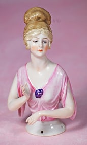 GERMAN PORCELAIN HALF DOLL WITH RARE COIFFURE