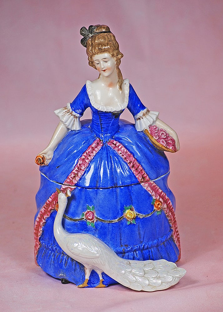 GERMAN PORCELAIN LADY WITH PEACOCK AS POWDER JAR (1 of 1)