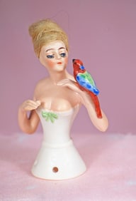 GERMAN PORCELAIN HALF DOLL WITH PARROT