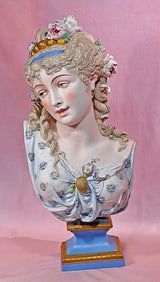 GRAND FRENCH BISQUE BUST OF ELEGANT LADY WITH ELABORATELY-SCULPTED HAIR