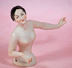 GERMAN PORCELAIN HALF DOLL WITH BROWN HAIR BY Volkstedter