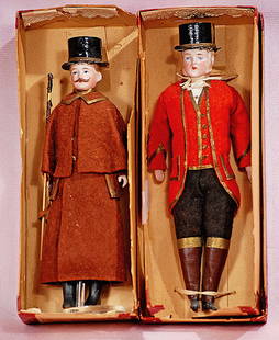 TWO GERMAN BISQUE DOLLHOUSE GENTLEMEN: TWO GERMAN BISQUE DOLLHOUSE GENTLEMEN. 6 &#189;&#8221;. Each is bisque shoulderhead with sculpted hair, painted features, one with mustache and one with long sideburns, original muslin body, bisque lo