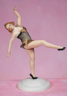 GERMAN ALL-BISQUE DANCER BY GALLUBA AND HOFFMAN: GERMAN ALL-BISQUE DANCER BY GALLUBA AND HOFFMAN. 5 ¼”. All-bisque lady in dancing pose with one leg extended forward, arched backwards with arms posed away, has sculpted brown hair with coi