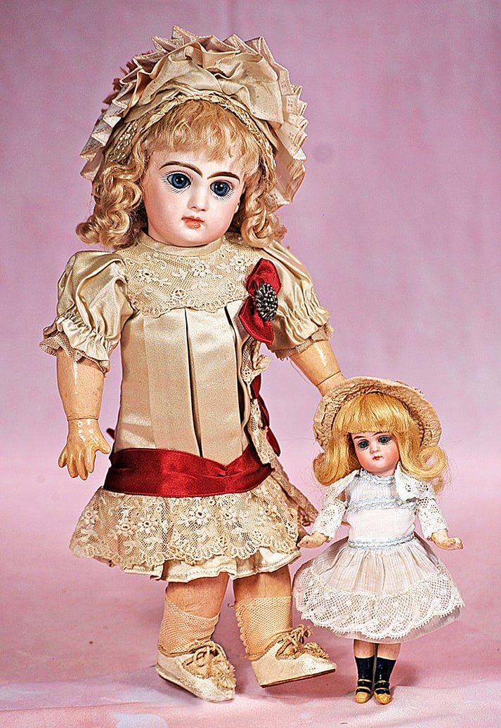 FRENCH BISQUE BEBE, SIZE 3, BY JUMEAU: FRENCH BISQUE BEBE, SIZE 3, BY JUMEAU. 11”. Marks: Depose Tete Jumeau Bte SGDG 3. Bisque socket head, blue paperweight eyes, painted lashes, eyeliner, feathered and brushstroked brows, pierced e