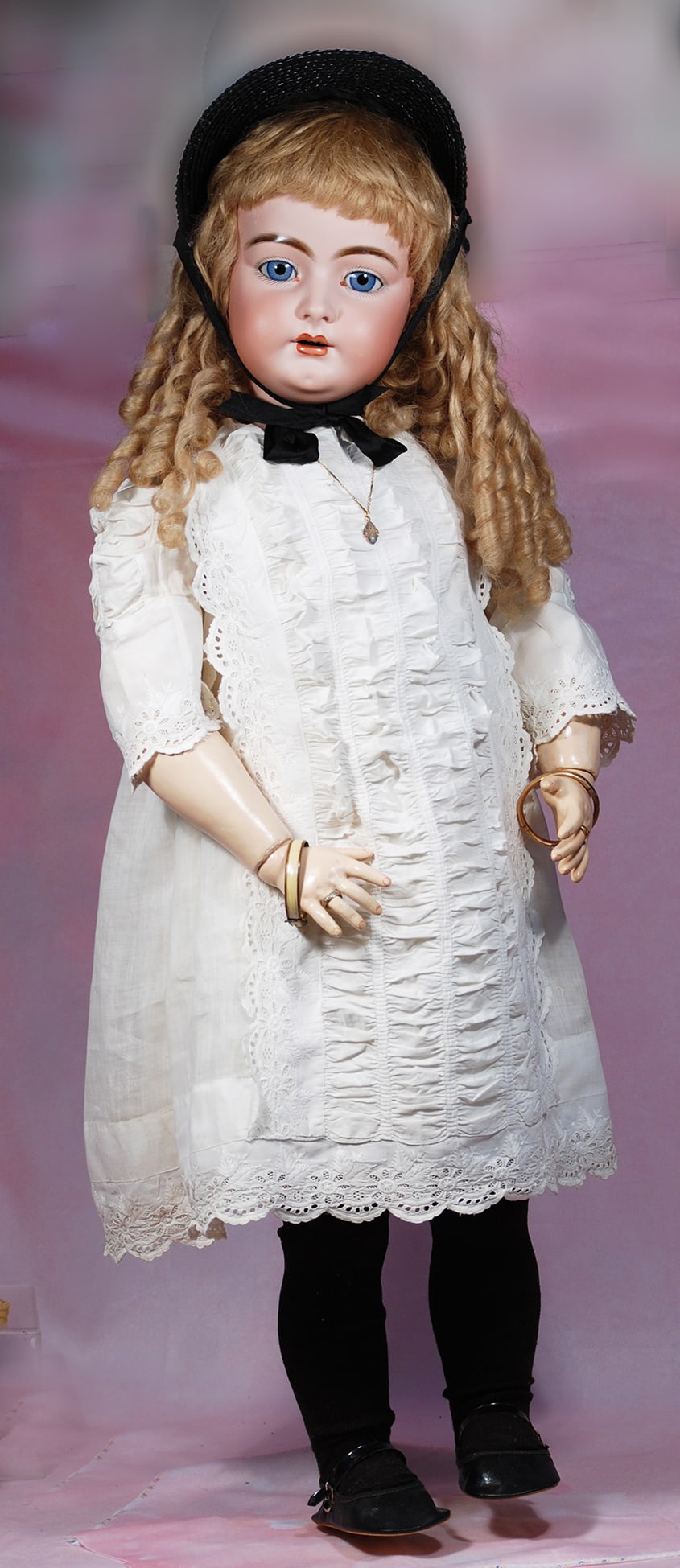 LARGE GERMAN BISQUE CHILD DOLL BY HAND-WERCK: LARGE GERMAN BISQUE CHILD DOLL BY HAND-WERCK. 36”. Marks: 17 ¾ Handwerck Germany 8. Bisque socket head, blue sleep eyes, painted lashes, feathered and brushstroked brows, pierced ears, open