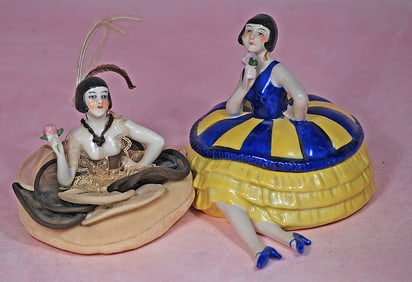 TWO GERMAN PORCELAIN ART DECO DOLLS AS POWDER BOX AND POWDER PUFF