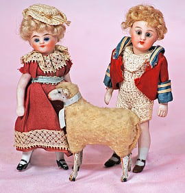TWO MINIATURE ALL-BISQUE MIGNONETTES WITH WOOLY LAMB