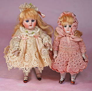 TWO GERMAN ALL-BISQUE DOLLS BY KESTNER: TWO GERMAN ALL-BISQUE DOLLS BY KESTNER. 5 ½” and 6”. Marks: 130. Each is all-bisque, jointed at shoulders and hips, blue sleep eyes, painted lashes, tapered brows, closed mouth,
