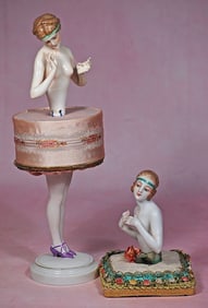 GERMAN PORCELAIN HALF DOLL AND POWDER BOX HALF DOLL