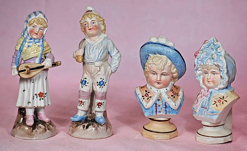 PAIR OF GERMAN PORCELAIN FIGURES AND PAIR OF GERMAN BISQUE BUSTS: PAIR OF GERMAN PORCELAIN FIGURES AND PAIR OF GERMAN BISQUE BUSTS. 7 &#189;&#8221; porcelain figurines are by Conta and Boehme with sculpted and painted features and costumes, self base, factory marks.