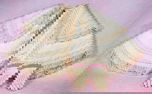CAPE AND GLOVES FOR POUPEE: CAPE AND GLOVES FOR POUPEE. White ribbed cotton cape with collar, front button closing, braid and fringe trime, 6&#8221; length; plus pair of white leather gloves with lavender stitching and scalloped