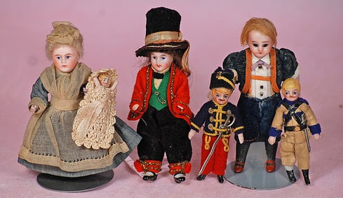 FIVE MINIATURE GERMAN ALL-BISQUE DOLLS