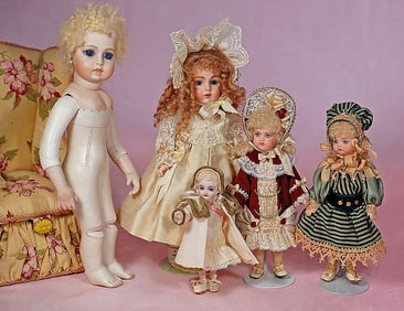 FIVE BISQUE ARTIST DOLLS