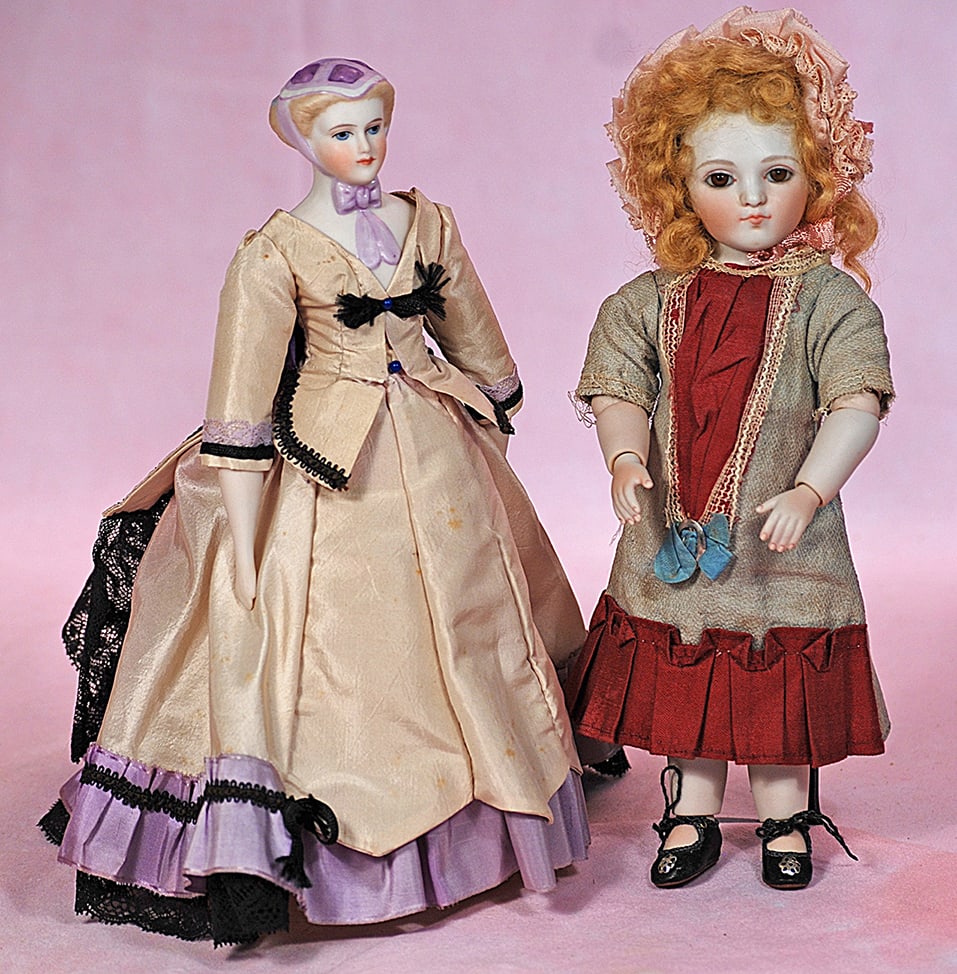 TWO BISQUE ARTIST DOLLS: TWO BISQUE ARTIST DOLLS. 9” all-bisque bebe doll with swivel head, fully ball-jointed bisque body, brown glass eyes, closed mouth, mohair wig, antique dress, newer shoes and bonnet, artist signa