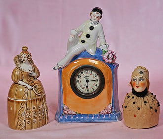 GERMAN PORCELAN POWDER JAR, ART DECO PINCUSHION AND PORCELAIN CLOCK