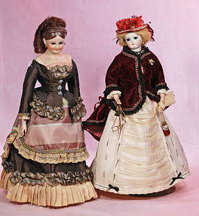 TWO BISQUE FASHION DOLLS BY ARTIST: TWO BISQUE FASHION DOLLS BY ARTIST. 15&#8221; doll marked Patti-Jene 1964, bisque shoulderhead with sculpted brown hair and applied human hair, brown glass eyes, closed mouth, smiling expression, clot