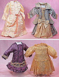 FOUR DOLL DRESSES: FOUR DOLL DRESSES. 10” to 12” lengths. Various styles and designs in silk, taffeta, cotton and lace. Commentary: One antique, others contemporary, very good condition.