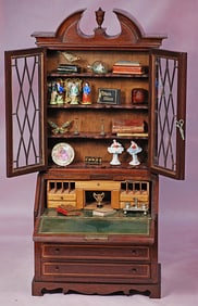 DOLL’S SECRETARY DROP FRONT DESK WITH FURNISHINGS.