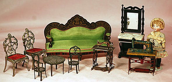 MINIATURE GERMAN BISQUE DOLL, DOLLHOUSE FURNISHINGS.