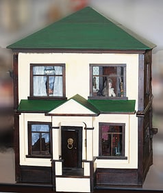 LARGE ANTIQUE WOODEN DOLLHOUSE FURNISHED WITH DOLLHOUSE DOLLS AND FURNISHINGS