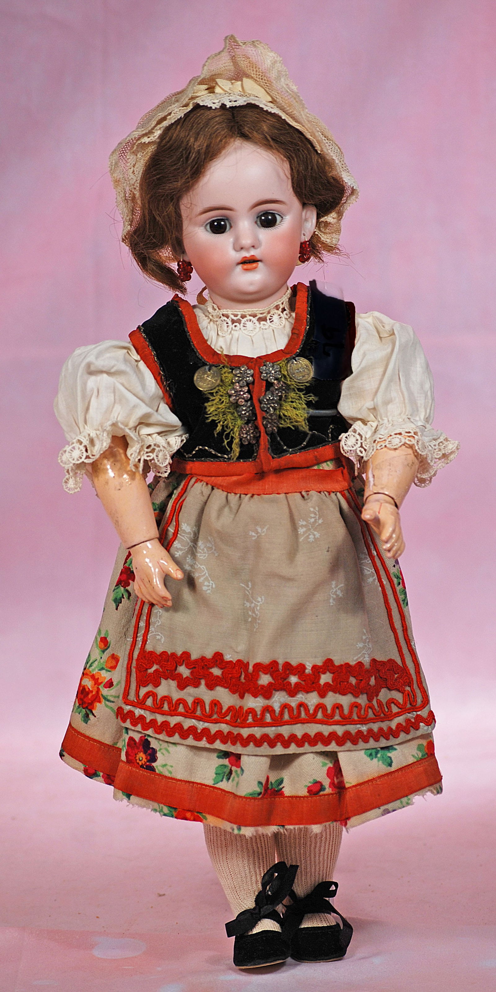 GERMAN BISQUE CHILD BY SIMON AND HALBIG: 30. GERMAN BISQUE CHILD BY SIMON AND HALBIG. 16”. Marks: S & H 1079 Dep. Bisque socket head, brown sleep eyes, painted lashes, feathered brows, pierced ears, open mouth, accented lips, upper tee