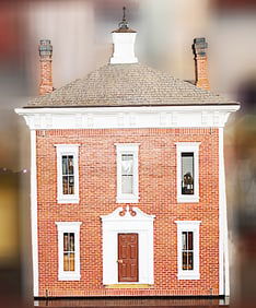 FAUX BRICK DOLLHOUSE WITH FURNISHINGS AND OCCUPANTS.