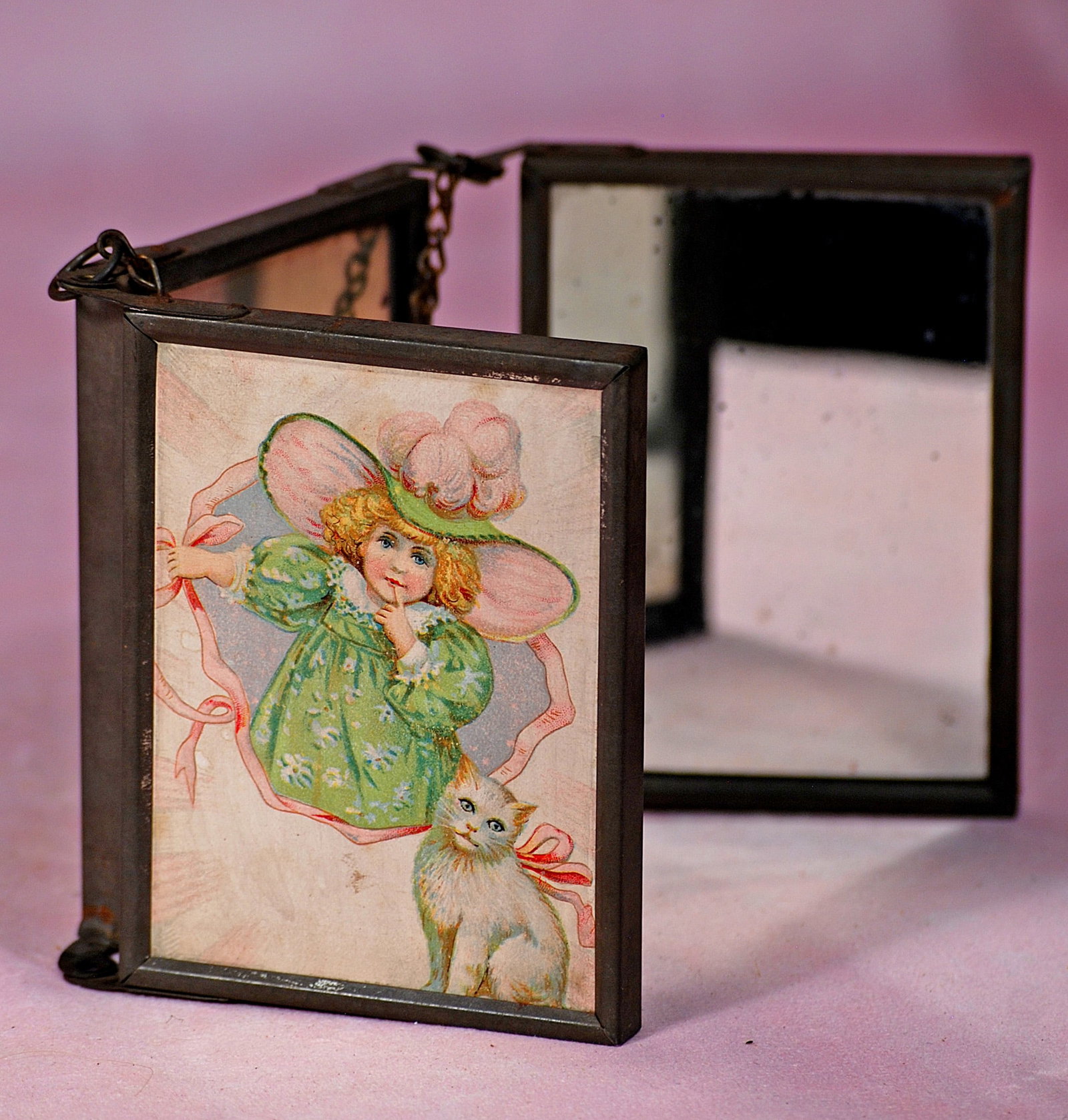 GERMAN MINIATURE TRIPTYCH MIRROR WITH LITHOGRAPHED PANELS. (1 of 3)