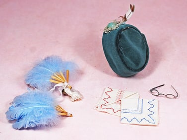 DOLL HAT, FANS, HANDKERCHIEFS AND EYE GLASSES.