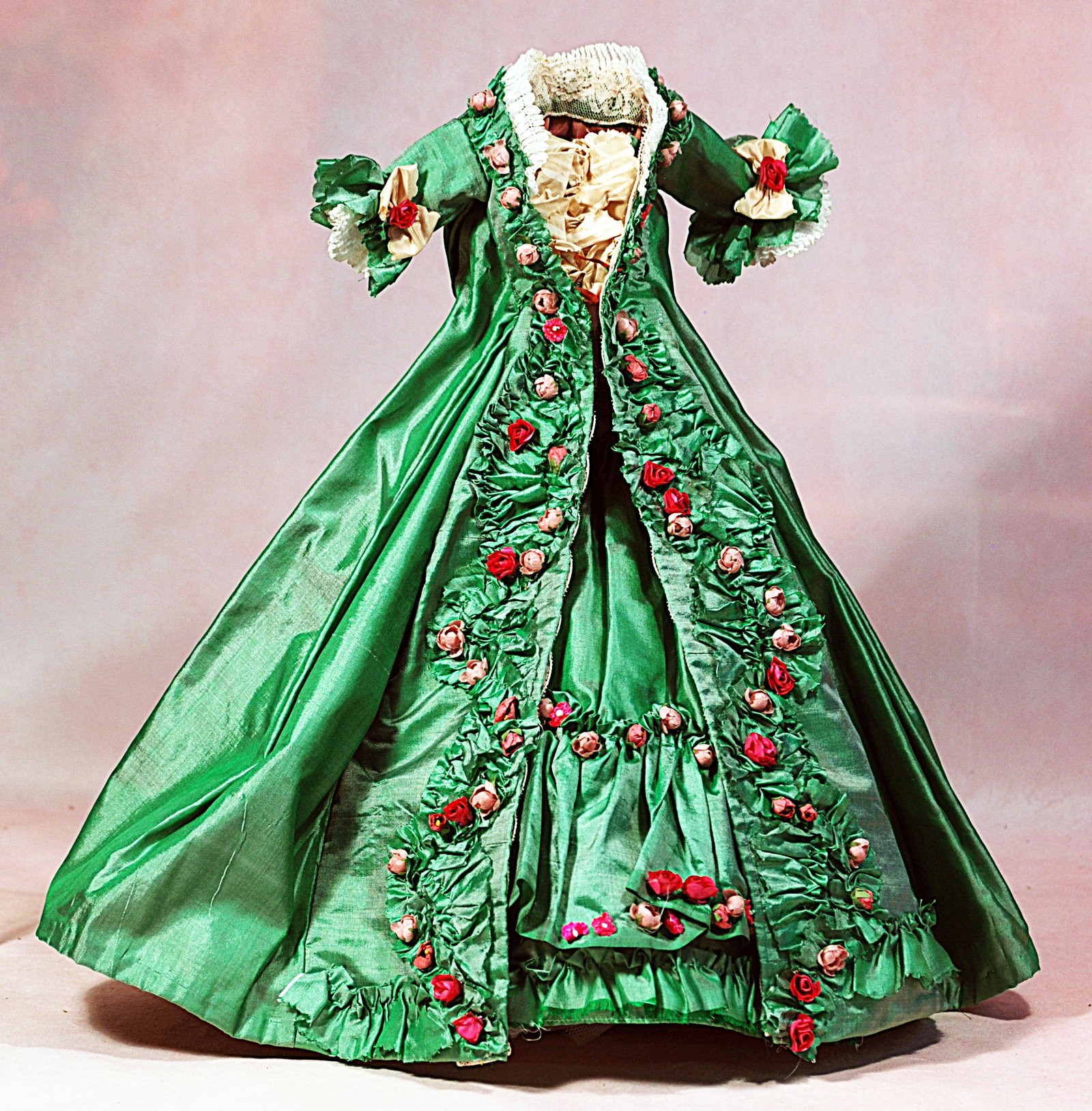 MADAME POMPADOUR STYLE DOLL GOWN.: 42. MADAME POMPADOUR STYLE DOLL GOWN. Emerald green silk gown with full gathered skirt with over dress, pink silk ruching detail, generously decorated with pink and red rose buds, full back, includes 