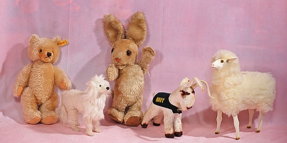 MOHAIR RABBIT, PLUSH WOOLY SHEEP, SALON DOG, STEIFF TEDDY BEAR AND NAVY GOAT MASCOT.