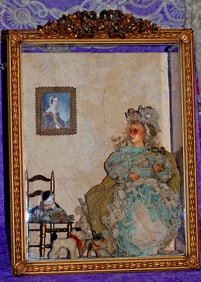 WAX  DOLL PINCUSHION IN SHADOW BOX DISPLAY.