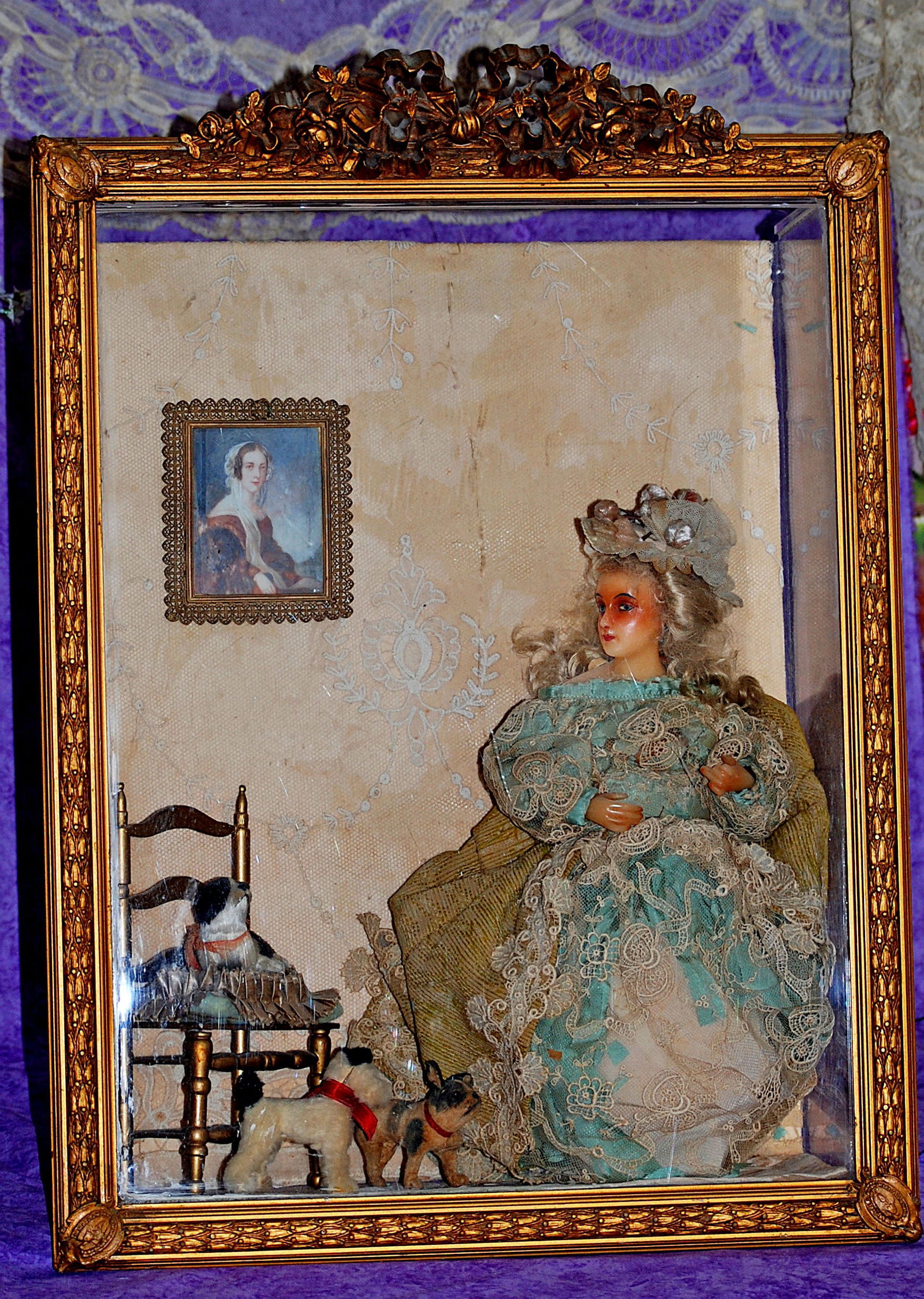 WAX  DOLL PINCUSHION IN SHADOW BOX DISPLAY. (1 of 1)