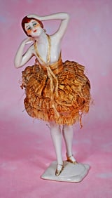 GERMAN PORCELAIN HALF DOLL AS STYLISH FLAPPER LADY PINCUSHION