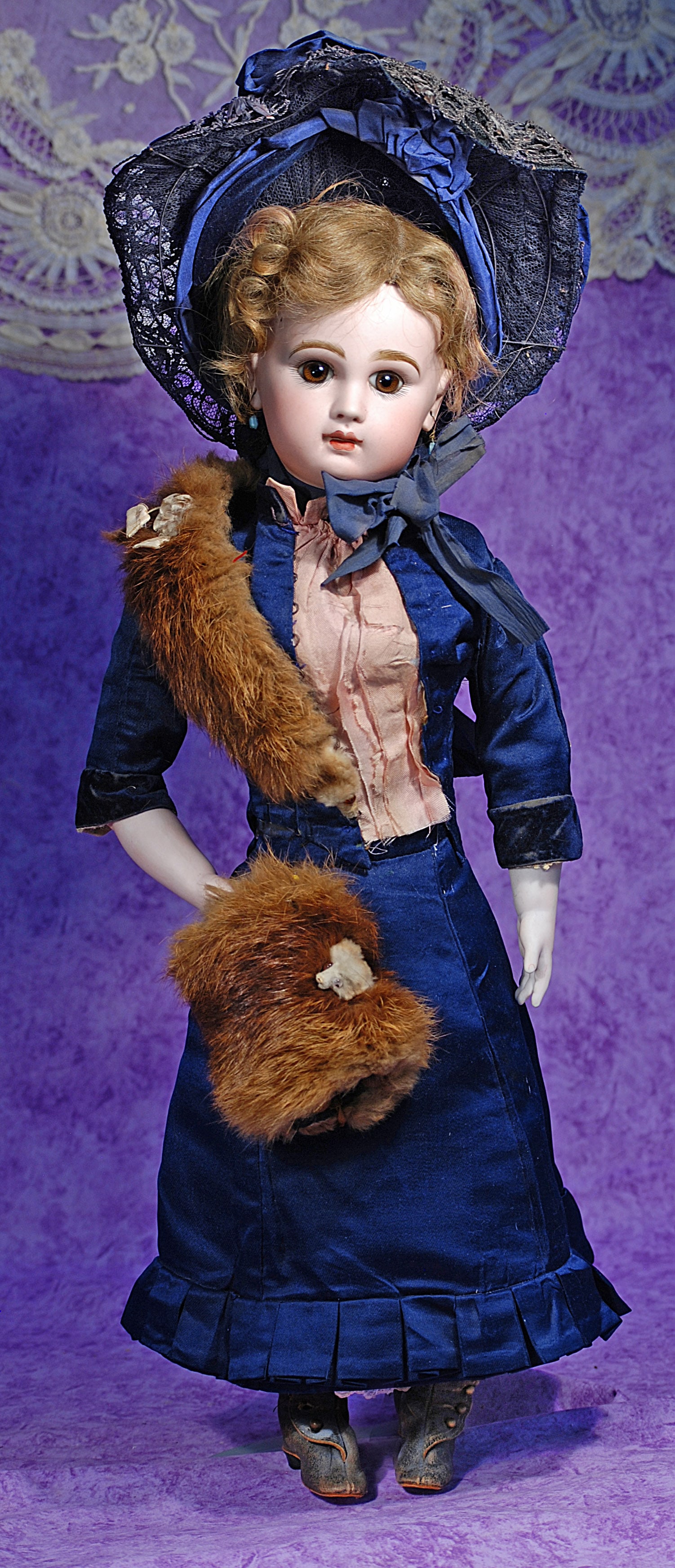 FRENCH BISQUE TETE JUMEAU WITH LADY BODY: 113. FRENCH BISQUE TETE JUMEAU WITH LADY BODY. 22”. Marks: Depose Bte SGDG Tete Jumeau 8. Bisque swivel head on bisque shoulderplate, brown paperweight eyes, painted lashes, eyeliner, feathered