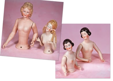 FOUR  GERMAN BISQUE HALF DOLLS WITH JOINTED ARMS
