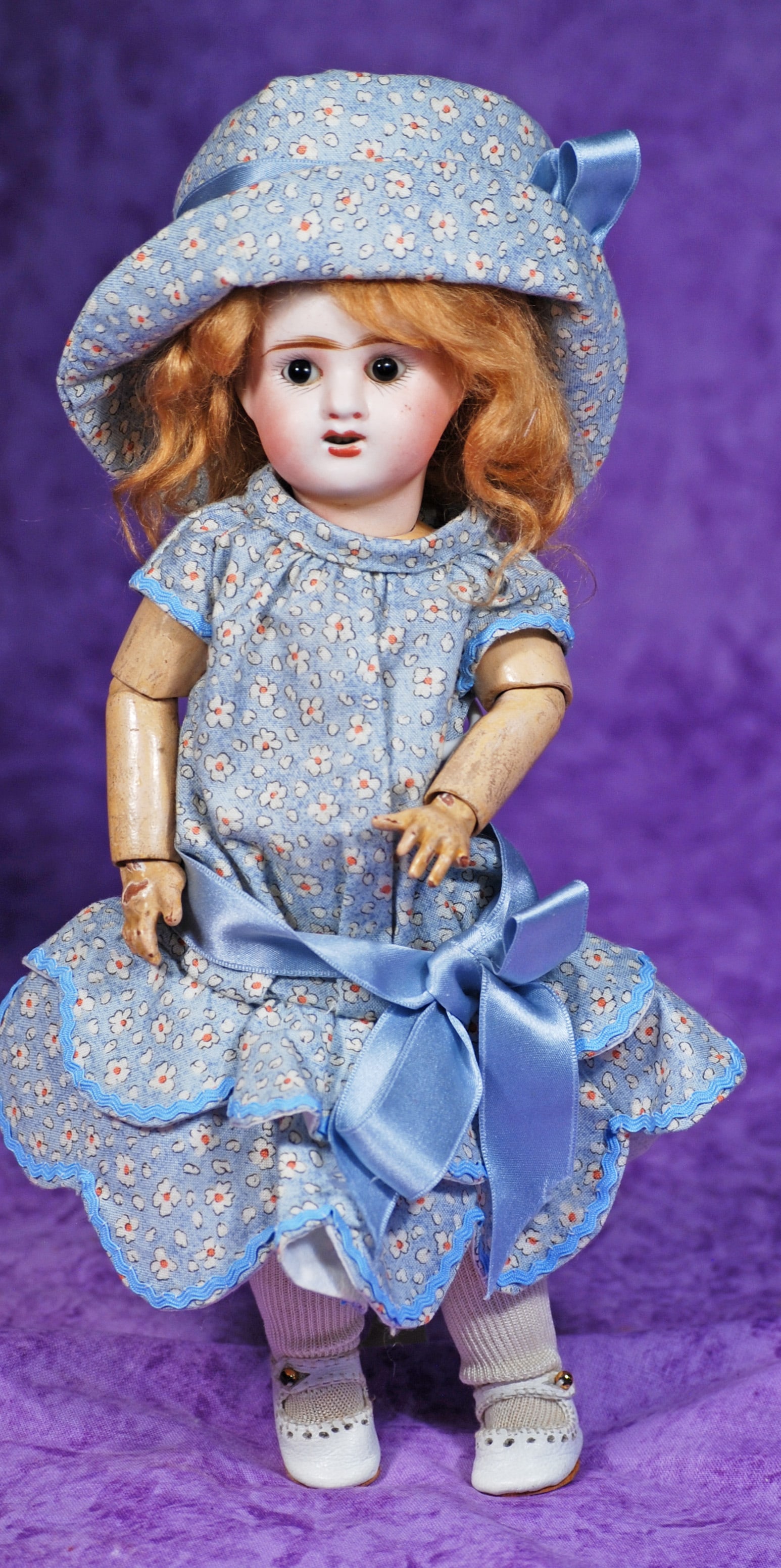 FRENCH BISQUE DOLL BY MYSTERY MAKER.: 108. FRENCH BISQUE DOLL BY MYSTERY MAKER. 10”. Marks: A.D. Bisque socket head, stationary brown glass eyes, painted lashes, feathered brows, open mouth, upper teeth, blonde mohair wig, cork pate