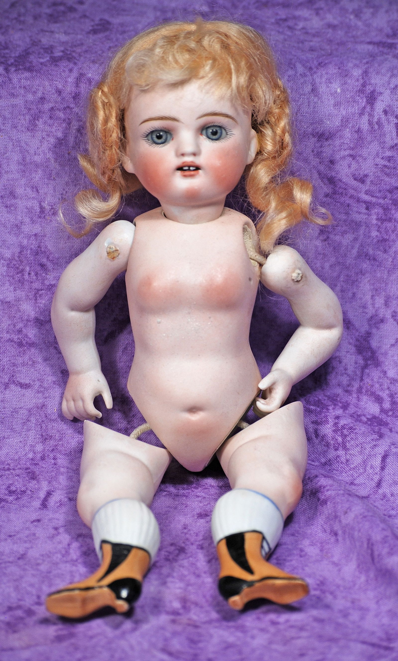 GERMAN ALL-BISQUE DOLL KNOWN AS FRENCH WRESTLER BY KESTNER: 120. GERMAN ALL-BISQUE DOLL KNOWN AS FRENCH WRESTLER BY KESTNER. 8 ½”. Marks: 102. Bisque socket head, five-piece jointed bisque body with plumply modeled legs, blue glass eyes, painted l