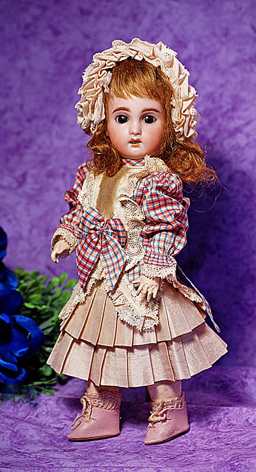 PETITE, SIZE 1, FRENCH BISQUE BEBE BY JUMEAU.: PETITE, SIZE 1, FRENCH BISQUE BEBE BY JUMEAU. 10”. Marks: 1907 1. Bisque socket head, brown sleep eyes, painted lashes and applied upper lashes, feathered brows, open mouth, accented lips, upper